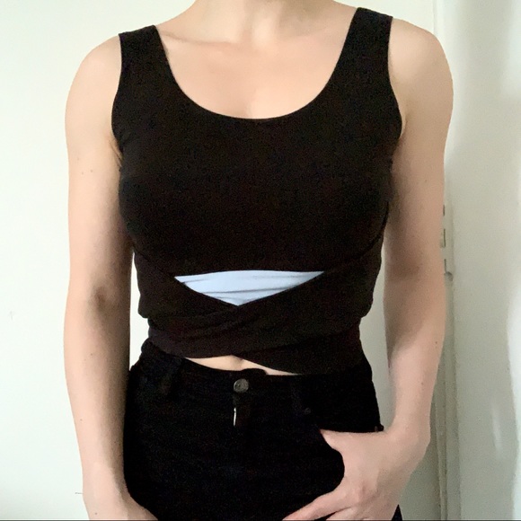 ASOS Black Wrap Crop Top Cutout Tie Back Y2K Yoga Workout Athleisure Gym Pilates - Picture 1 of 5